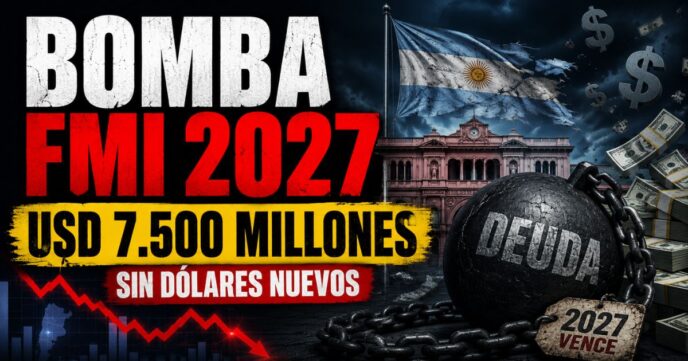 Miniatura sobre el pago al FMI en 2027 por USD 7.500 millones, con la bandera argentina, una bola de deuda, dólares y una fuerte caída económica.