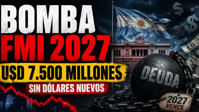 Miniatura sobre el pago al FMI en 2027 por USD 7.500 millones, con la bandera argentina, una bola de deuda, dólares y una fuerte caída económica.