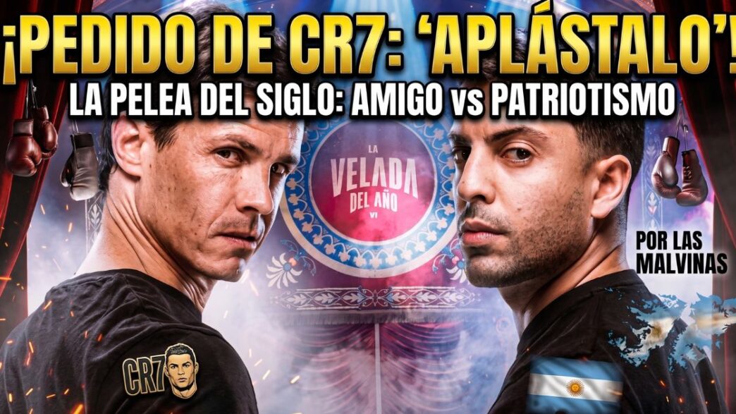 Imagen de la portada de Info del Plata que captura el careo dramático entre el periodista Edu Aguirre (izquierda), amigo íntimo de Cristiano Ronaldo con un pin de CR7, y Gastón Edul (derecha), reportero patriota argentino con la bandera nacional y el mapa de las Islas Malvinas, antes de su pelea en La Velada del Año VI. Texto superior grande: "¡PEDIDO DE CR7: 'APLÁSTALO'!". Texto inferior secundario: "LA PELEA DEL SIGLO: AMIGO vs PATRIOTISMO". Texto lateral derecho: "POR LAS MALVINAS". El fondo es un escenario teatral dramático con el logo del evento y humo.
