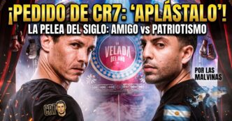 Imagen de la portada de Info del Plata que captura el careo dramático entre el periodista Edu Aguirre (izquierda), amigo íntimo de Cristiano Ronaldo con un pin de CR7, y Gastón Edul (derecha), reportero patriota argentino con la bandera nacional y el mapa de las Islas Malvinas, antes de su pelea en La Velada del Año VI. Texto superior grande: "¡PEDIDO DE CR7: 'APLÁSTALO'!". Texto inferior secundario: "LA PELEA DEL SIGLO: AMIGO vs PATRIOTISMO". Texto lateral derecho: "POR LAS MALVINAS". El fondo es un escenario teatral dramático con el logo del evento y humo.