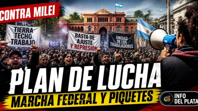 Plan de lucha contra Milei con movimientos sociales, marcha federal y piquetes frente a la Casa Rosada.