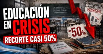 Miniatura de una noticia sobre el recorte del presupuesto educativo nacional, con un aula vacía en crisis, una flecha roja hacia abajo y el mensaje “Educación en crisis: recorte casi 50%”.