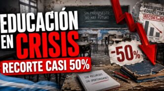 Miniatura de una noticia sobre el recorte del presupuesto educativo nacional, con un aula vacía en crisis, una flecha roja hacia abajo y el mensaje “Educación en crisis: recorte casi 50%”.