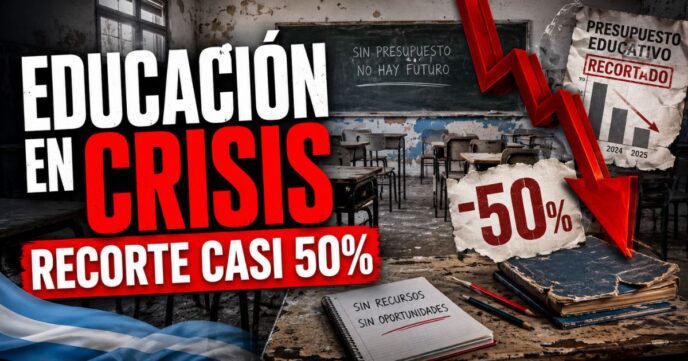 Miniatura de una noticia sobre el recorte del presupuesto educativo nacional, con un aula vacía en crisis, una flecha roja hacia abajo y el mensaje “Educación en crisis: recorte casi 50%”.