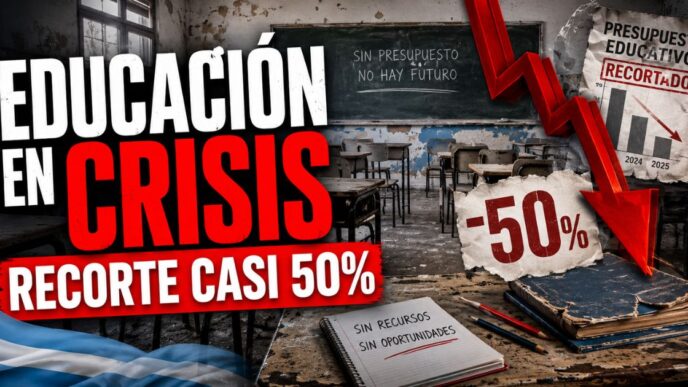 Miniatura de una noticia sobre el recorte del presupuesto educativo nacional, con un aula vacía en crisis, una flecha roja hacia abajo y el mensaje “Educación en crisis: recorte casi 50%”.