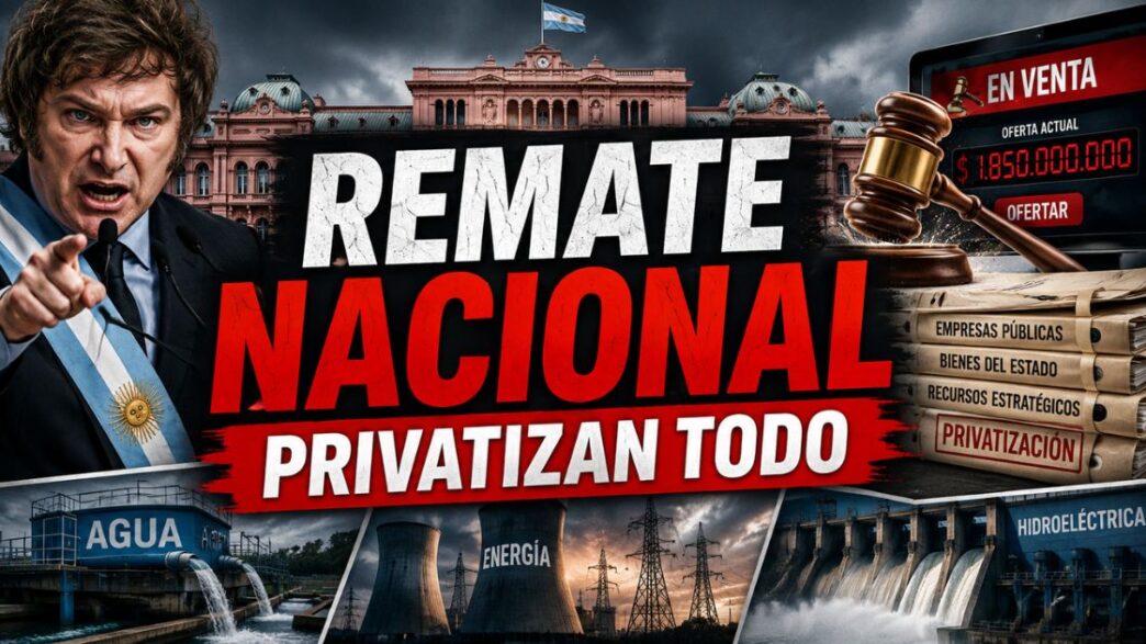 Javier Milei frente a la Casa Rosada junto a un martillo de subasta, empresas públicas, agua y energía bajo el título Remate Nacional.