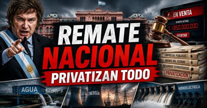 Javier Milei frente a la Casa Rosada junto a un martillo de subasta, empresas públicas, agua y energía bajo el título Remate Nacional.