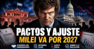Javier Milei frente a la Casa Rosada y el Congreso, con el título “Pactos y ajuste: Milei va por 2027”, en una imagen sobre reformas, acuerdos con gobernadores y reelección.