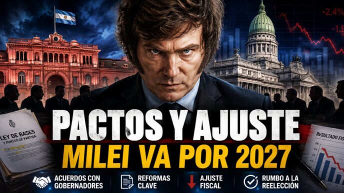 Javier Milei frente a la Casa Rosada y el Congreso, con el título “Pactos y ajuste: Milei va por 2027”, en una imagen sobre reformas, acuerdos con gobernadores y reelección.