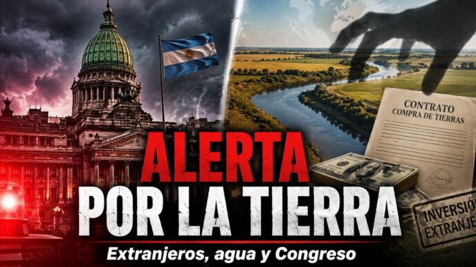 Miniatura de alerta sobre la reforma de la Ley de Tierras, con el Congreso argentino, campos rurales, agua dulce y símbolos de inversión extranjera.