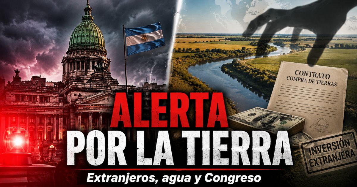 Miniatura de alerta sobre la reforma de la Ley de Tierras, con el Congreso argentino, campos rurales, agua dulce y símbolos de inversión extranjera.