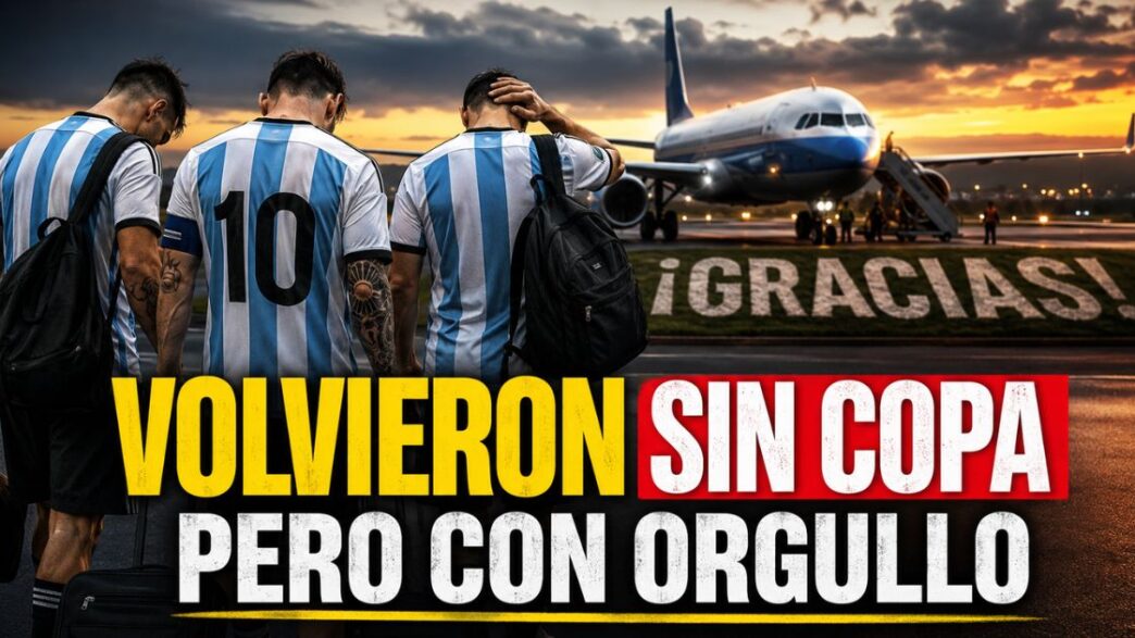 Regreso de la Selección Argentina a Ezeiza tras perder la final del Mundial 2026, con jugadores de espaldas y un mensaje gigante de agradecimiento.