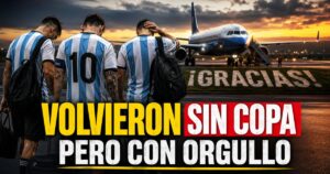 Regreso de la Selección Argentina a Ezeiza tras perder la final del Mundial 2026, con jugadores de espaldas y un mensaje gigante de agradecimiento.