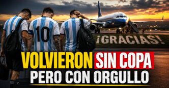 Regreso de la Selección Argentina a Ezeiza tras perder la final del Mundial 2026, con jugadores de espaldas y un mensaje gigante de agradecimiento.