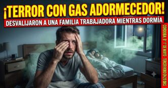 Miniatura dramática de noticia sobre un robo con gas adormecedor en Córdoba. Muestra a un hombre despierto dazed y con pánico en la cama de su habitación, frotándose los ojos con gas verde pálido entrando por la ventana iluminada de noche. Detrás de él duermen su esposa e hija. El texto principal en mayúsculas amarillas dice: '¡TERROR CON GAS ADORMECEDOR!'. El subtítulo blanco dice: 'DESVALIJARON A UNA FAMILIA TRABAJADORA MIENTRAS DORMÍA'. El banner lateral vertical dice: 'CÓRDOBA: B° 1° DE MAYO - TERCER ROBO EN 20 DÍAS'. Es el calvario de la clase obrera ante un Estado ausente.