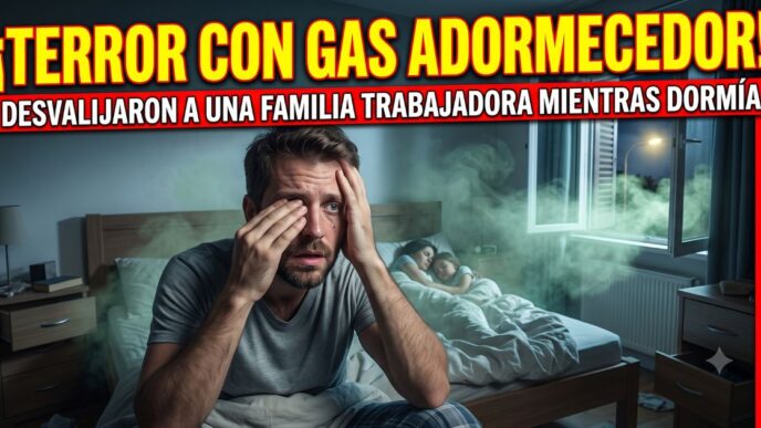 Miniatura dramática de noticia sobre un robo con gas adormecedor en Córdoba. Muestra a un hombre despierto dazed y con pánico en la cama de su habitación, frotándose los ojos con gas verde pálido entrando por la ventana iluminada de noche. Detrás de él duermen su esposa e hija. El texto principal en mayúsculas amarillas dice: '¡TERROR CON GAS ADORMECEDOR!'. El subtítulo blanco dice: 'DESVALIJARON A UNA FAMILIA TRABAJADORA MIENTRAS DORMÍA'. El banner lateral vertical dice: 'CÓRDOBA: B° 1° DE MAYO - TERCER ROBO EN 20 DÍAS'. Es el calvario de la clase obrera ante un Estado ausente.