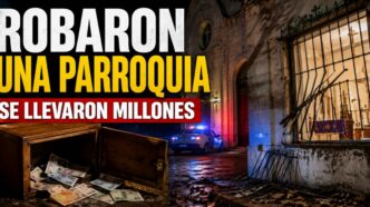 Miniatura sobre el robo en una parroquia de La Plata, con una reja violentada, dinero de donaciones y luces policiales.