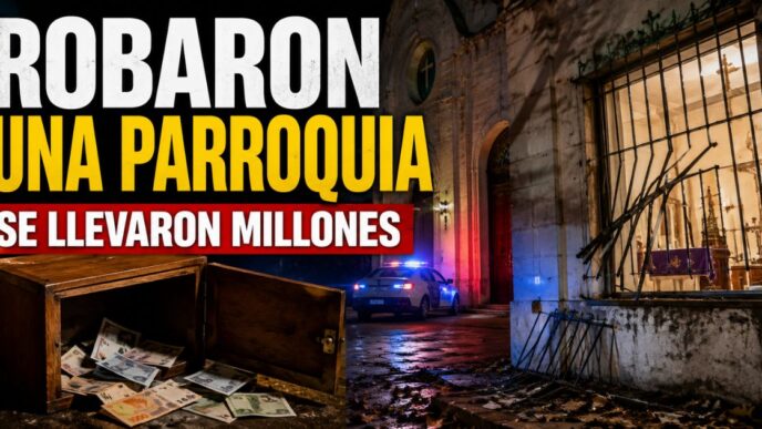 Miniatura sobre el robo en una parroquia de La Plata, con una reja violentada, dinero de donaciones y luces policiales.