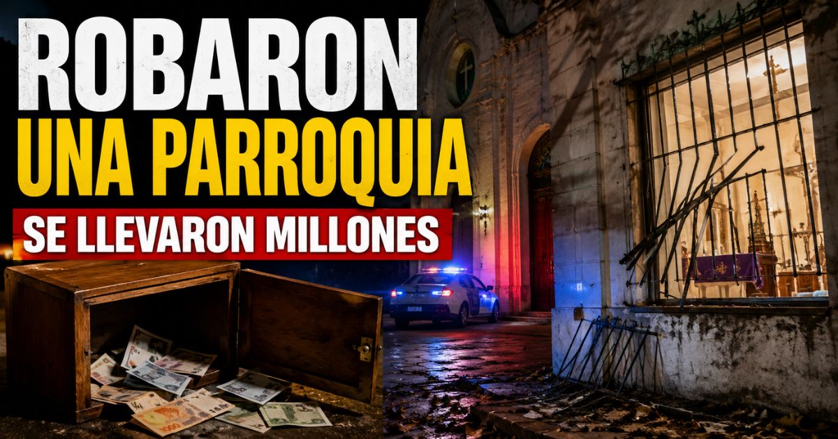 Miniatura sobre el robo en una parroquia de La Plata, con una reja violentada, dinero de donaciones y luces policiales.
