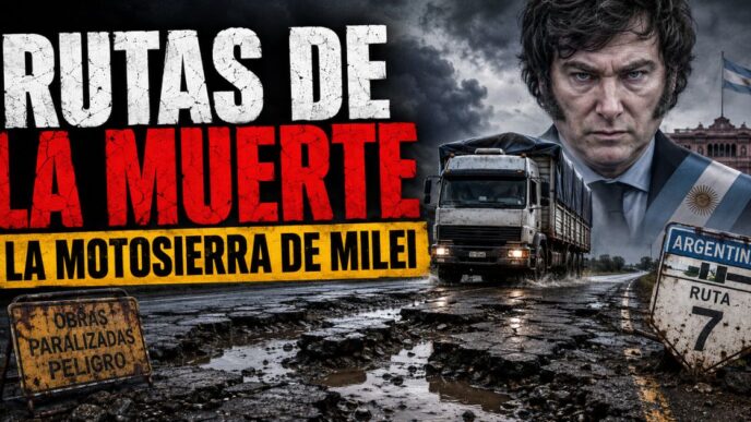 Rutas nacionales destruidas por el ajuste de Milei, con pozos, un camión y obras paralizadas en Argentina