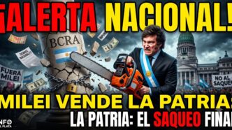 Miniatura de noticia viral que personifica el "saqueo de Milei" contra la Nación. El presidente Javier Milei con banda presidencial y motosierra naranja destruye agresivamente un pilar labeled BCRA encadenado. El candado del Banco Central se rompe. Vuelan billetes de dinero, y documentos con palabras clave "IMPUNIDAD" y "TIERRAS NACIONALES" frente a un Congreso oscuro y manifestantes con pancartas de "FUERA MILEI" y "NO AL SAQUEO". Texto superpuesto: "¡ALERTA NACIONAL! MILEI VENDE LA PATRIA: EL SAQUEO FINAL".