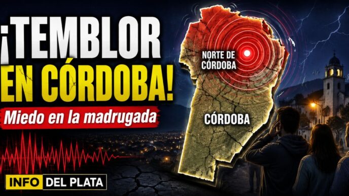 Miniatura de noticia sobre el sismo en Córdoba, con mapa de la provincia, epicentro en el norte cordobés, ondas sísmicas, alerta roja y vecinos preocupados durante la madrugada.