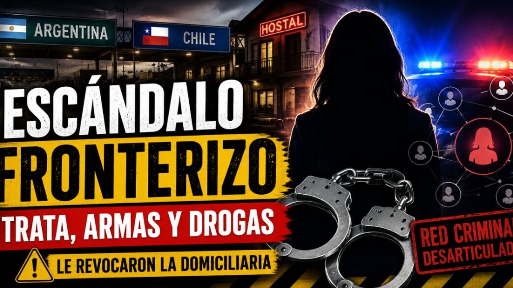 Miniatura sobre una presunta red de trata, armas y drogas entre Argentina y Chile, con una mujer de espaldas, esposas, luces policiales y un paso fronterizo.
