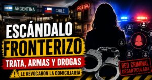 Miniatura sobre una presunta red de trata, armas y drogas entre Argentina y Chile, con una mujer de espaldas, esposas, luces policiales y un paso fronterizo.