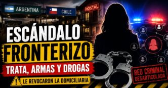 Miniatura sobre una presunta red de trata, armas y drogas entre Argentina y Chile, con una mujer de espaldas, esposas, luces policiales y un paso fronterizo.