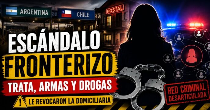 Miniatura sobre una presunta red de trata, armas y drogas entre Argentina y Chile, con una mujer de espaldas, esposas, luces policiales y un paso fronterizo.