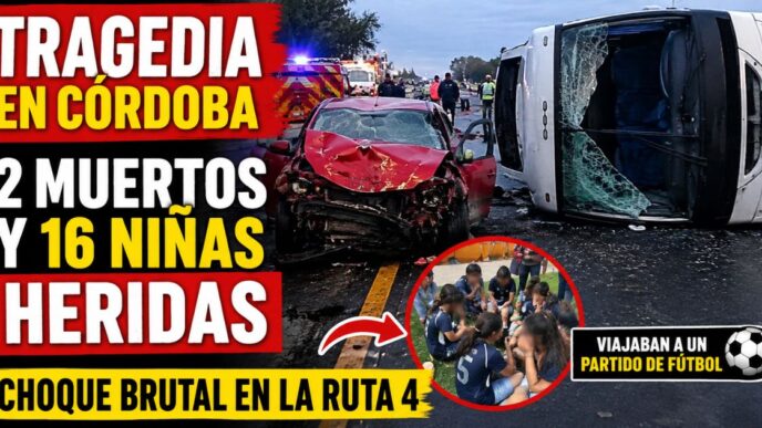 Tragedia en Córdoba: choque frontal entre un auto y un minibús dejó dos muertos y 16 niñas heridas en la Ruta Provincial 4.