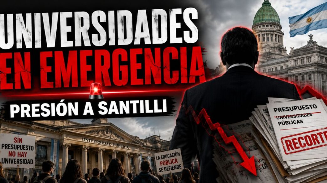 Miniatura sobre universidades nacionales en emergencia, con reclamo por presupuesto, presión política a Diego Santilli y fuerte crítica al ajuste del Gobierno.