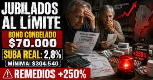 Jubilado argentino contando billetes en la ventanilla de un banco con recibo de haberes de ANSES.