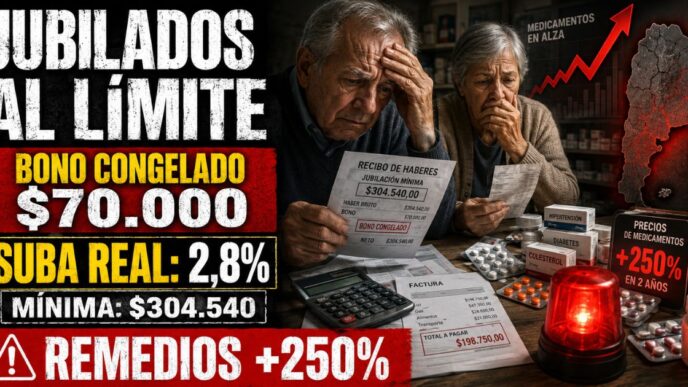 Jubilado argentino contando billetes en la ventanilla de un banco con recibo de haberes de ANSES.