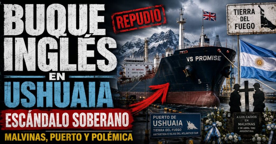 Buque petrolero VS Promise atracado en el muelle de Ushuaia con la cordillera fueguina de fondo y bandera británica.