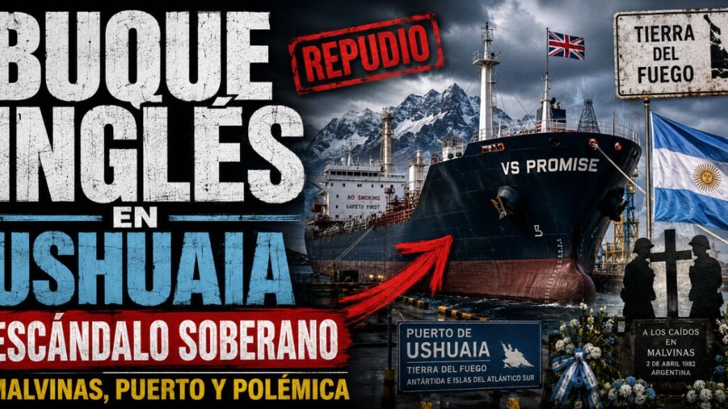 Buque petrolero VS Promise atracado en el muelle de Ushuaia con la cordillera fueguina de fondo y bandera británica.