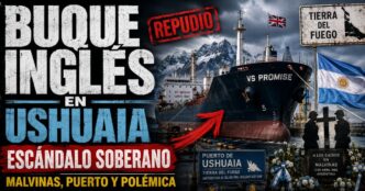 Buque petrolero VS Promise atracado en el muelle de Ushuaia con la cordillera fueguina de fondo y bandera británica.
