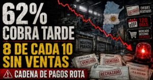 Escritorio de una fábrica industrial argentina con talonario de cheques devueltos, facturas impagas y maquinaria detenida de fondo.