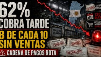 Escritorio de una fábrica industrial argentina con talonario de cheques devueltos, facturas impagas y maquinaria detenida de fondo.
