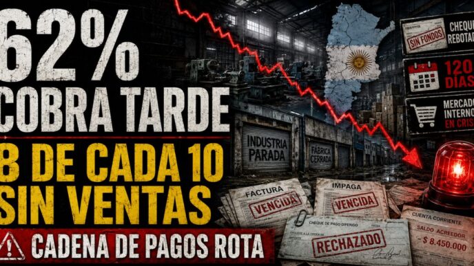Escritorio de una fábrica industrial argentina con talonario de cheques devueltos, facturas impagas y maquinaria detenida de fondo.