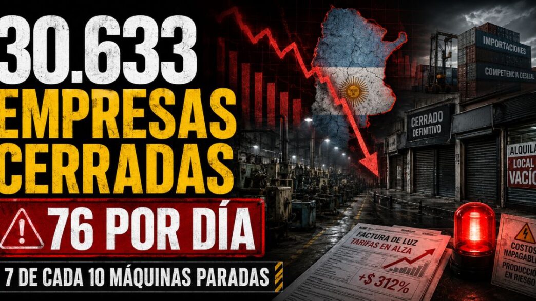 Galpón industrial en Argentina con maquinaria apagada y operarios mirando una persiana metálica cerrada.
