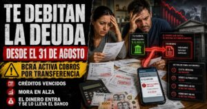 Celular con aplicación financiera abierta junto a billetes de pesos argentinos y notificación de débito bancario.