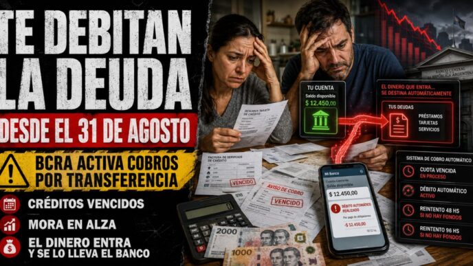 Celular con aplicación financiera abierta junto a billetes de pesos argentinos y notificación de débito bancario.