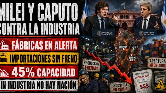 Conductor en estudio de televisión de Info del Plata Noticias presentando informe sobre el conflicto entre el Gobierno nacional y los industriales de la UIA.