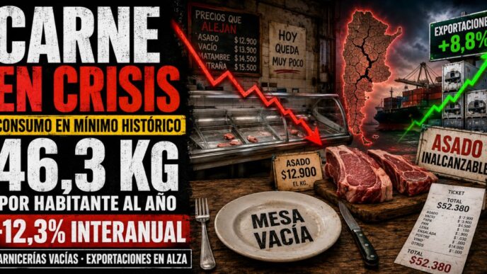 Mostrador de carnicería vacío con ganchos sin carne y conductor en estudio de Info del Plata Noticias de fondo.