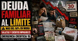 Conductor en el estudio de televisión de Info del Plata Noticias presentando informe sobre la crisis de las deudas familiares y las tarjetas de crédito.