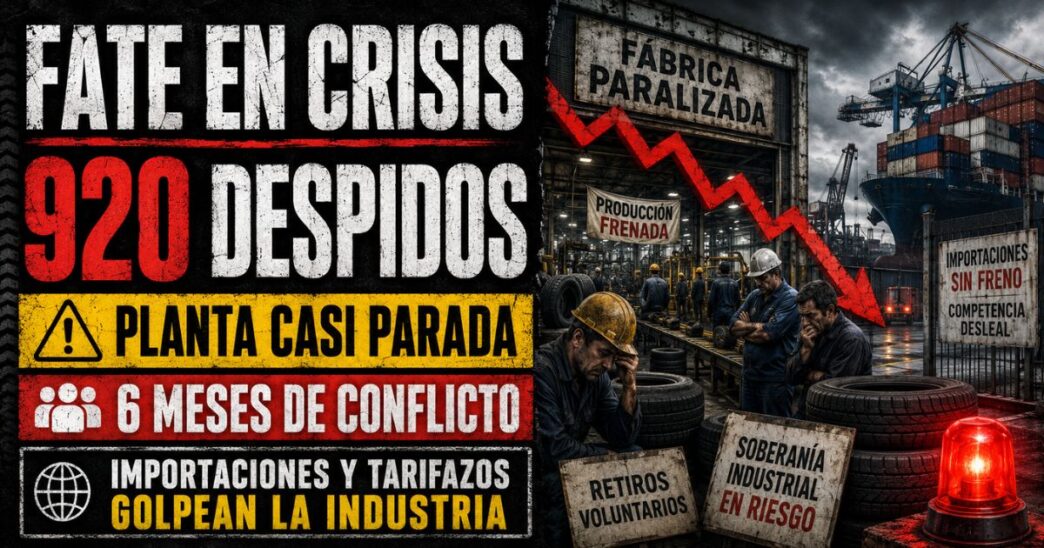 Conductor en estudio de Info del Plata Noticias presentando informe sobre la planta industrial de FATE con operarios en protesta de fondo.