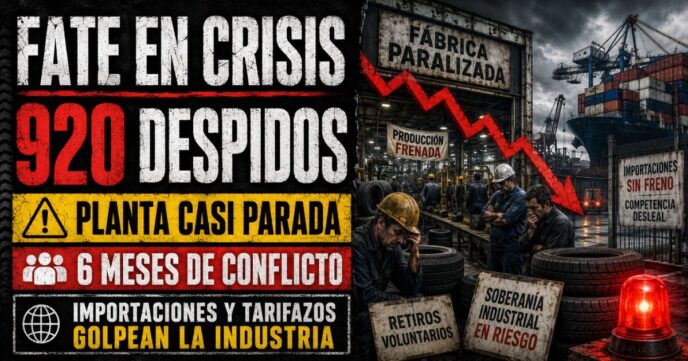 Conductor en estudio de Info del Plata Noticias presentando informe sobre la planta industrial de FATE con operarios en protesta de fondo.