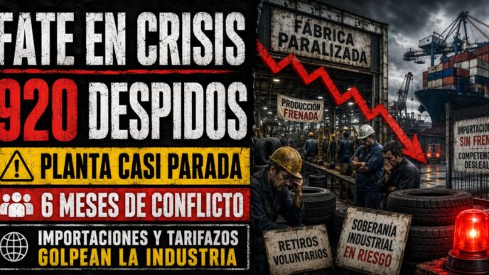 Conductor en estudio de Info del Plata Noticias presentando informe sobre la planta industrial de FATE con operarios en protesta de fondo.