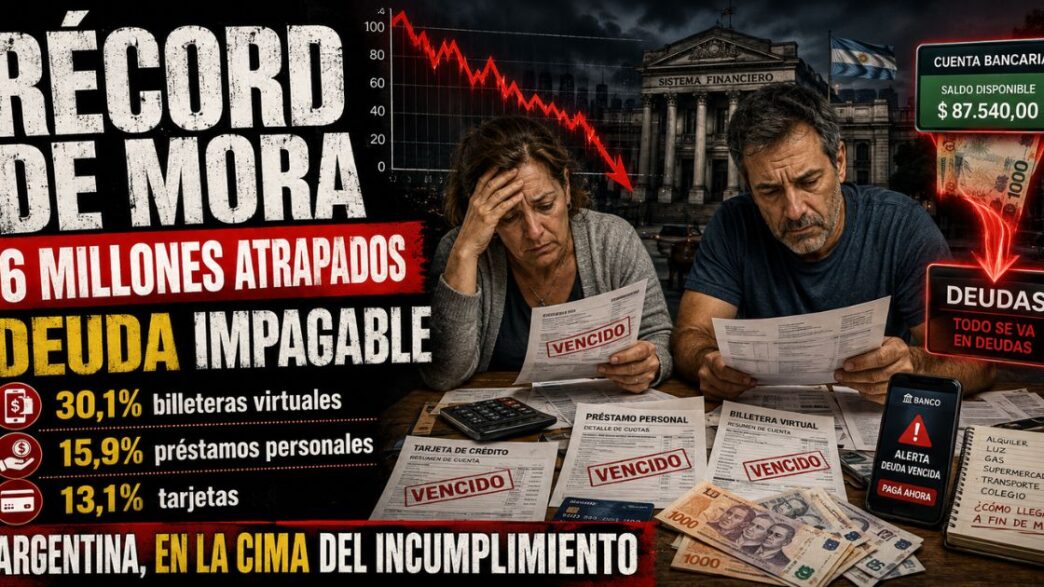 Billete de dólar estadounidense sobre un gráfico de línea descendente con tarjetas de crédito rotas y pantalla de celular mostrando saldo negativo.